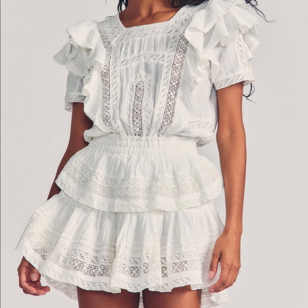 LoveShackFancy White Tiered Lace Mini Dress